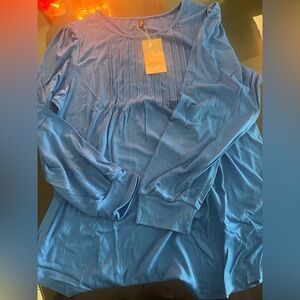 Women’s Blue Pleated Front Long Sleeve Top